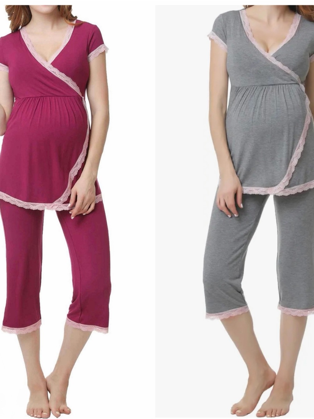 Nordstrom Kimi & Kai Maternity Nursing Pajama Sets- 2 Sets Pink & Grey Lace Trim